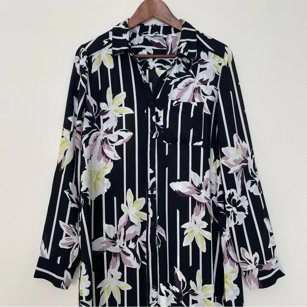 Reitmans Floral Striped Tunic Blouse Medium Side Slits Longline Lightweight - Picture 3 of 12